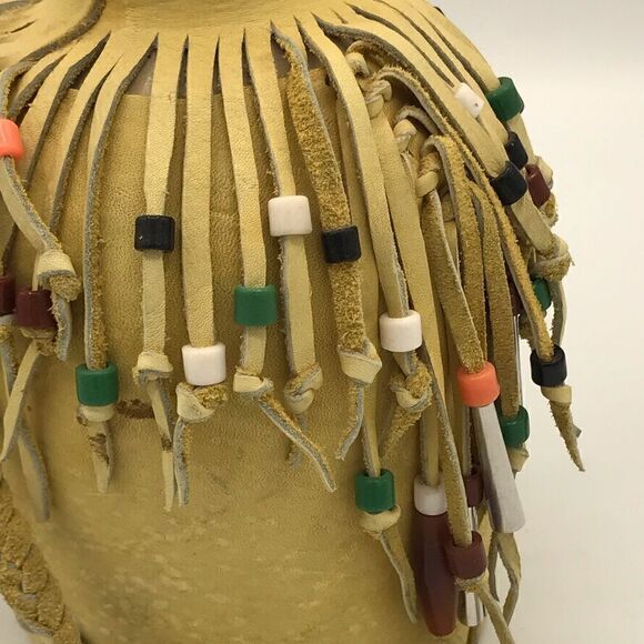 Hobbyist Suede Leather Wrapped Ceramic Jug with Beaded Fringe Braided Strap - Picture 12 of 16